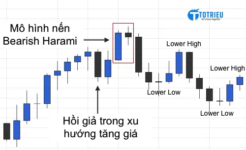 Sau Bearish Harami là xu hướng giảm khi xuất hiện Lower Highs và Lower Lows