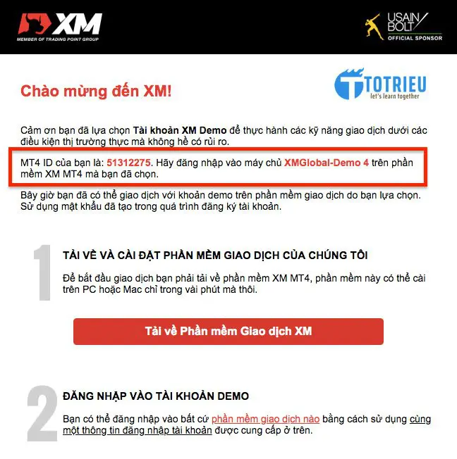 Email thông tin tài khoản XM