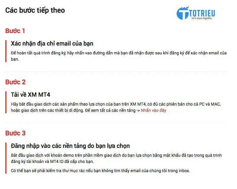 Thông báo truy cập Email để xác nhận tài khoản XM