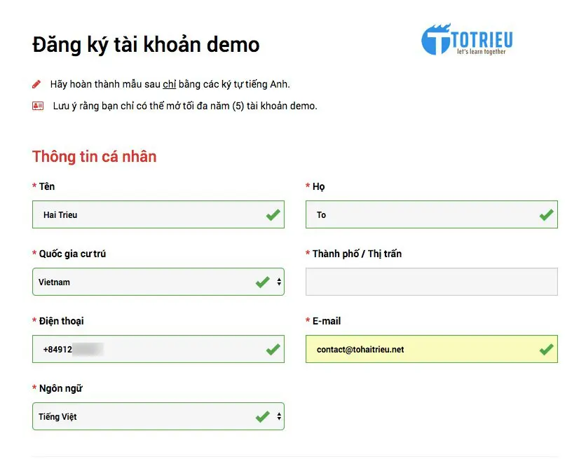 Thông tin cá nhân đăng ký tài khoản XM