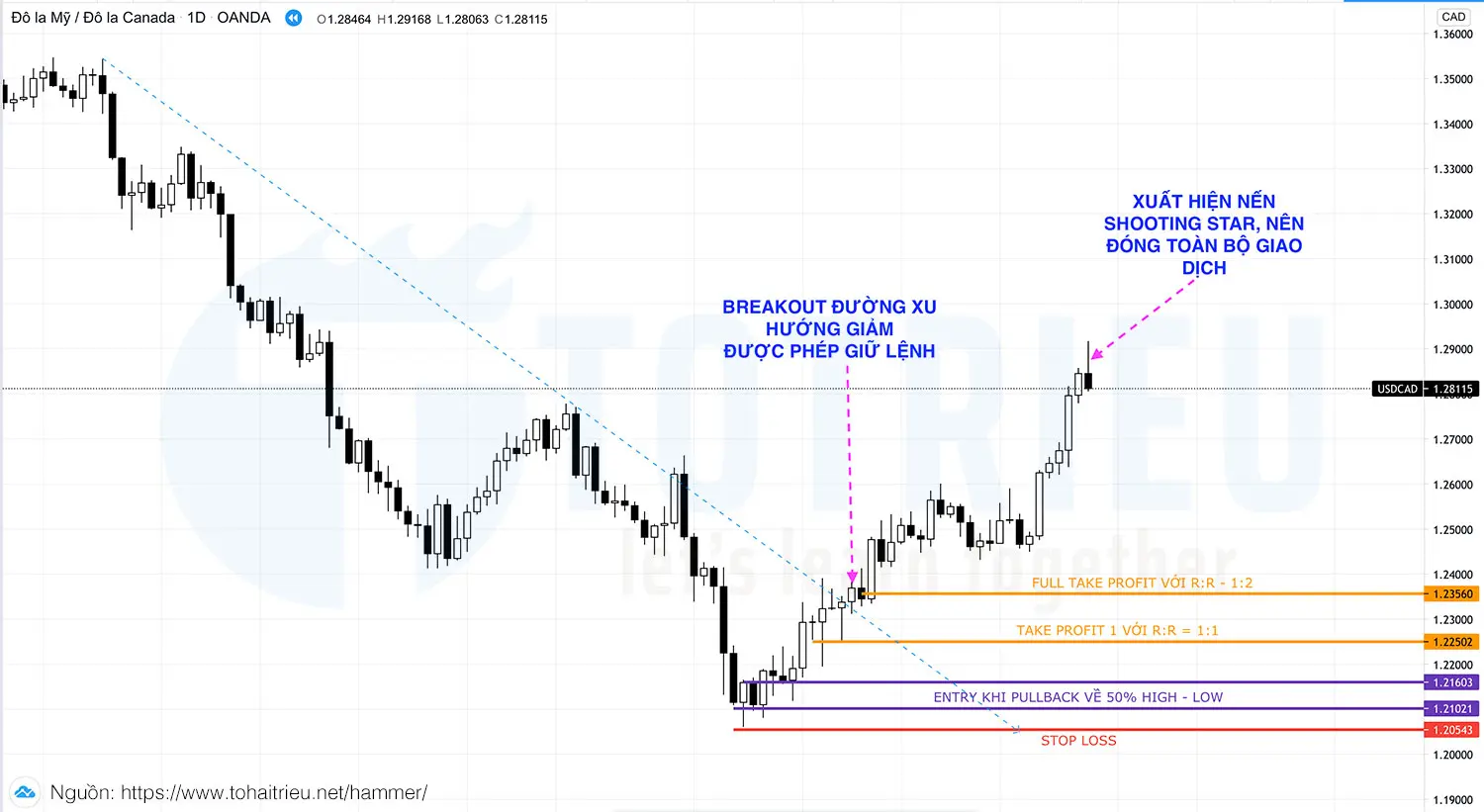 Ví dụ minh hoạ giao dịch với nến Hammer kết hợp Pullback