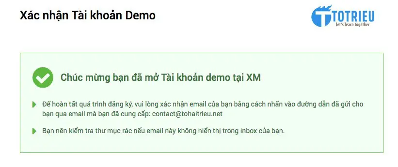 Xác minh tài khoản XM thành công