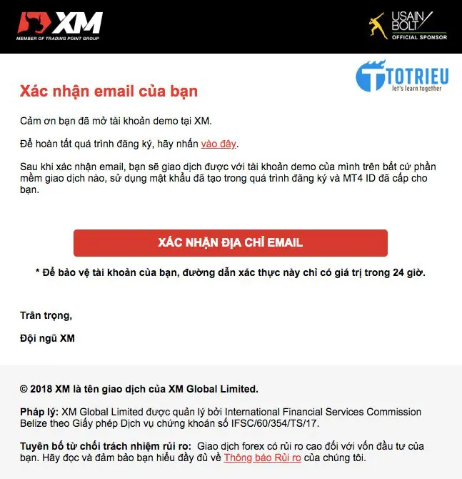 Xác nhận địa chỉ email đăng ký tài khoản XM