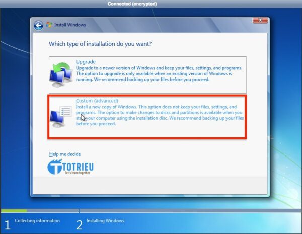 Chọn Custom (Advanced) để cài đặt VPS Windows trên Vultr