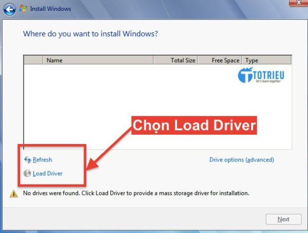 Chọn Load Driver để tiếp tục cài đặt VPS Windows