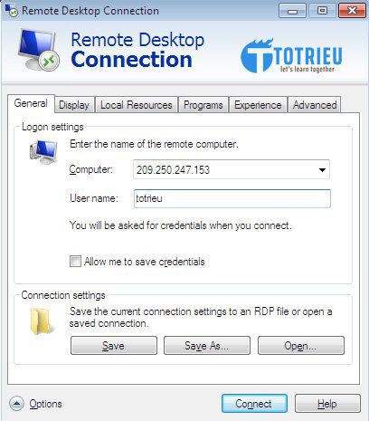 Nhập thông số kết nối Remote Desktop cho máy tính Windows