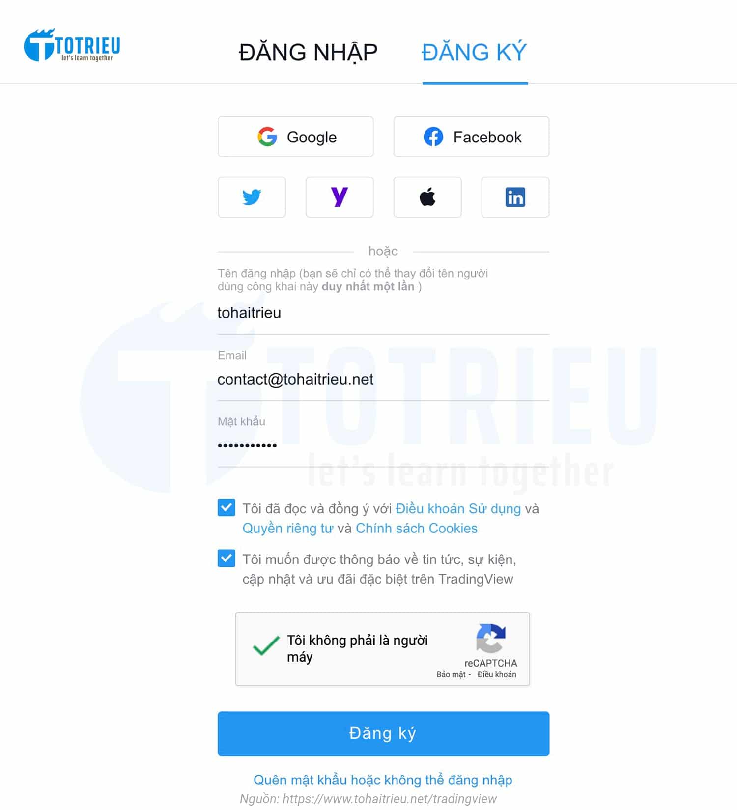 Nhập thông tin đăng ký tài khoản TradingView