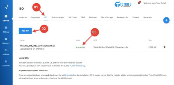 Tải file iso cài đặt Windows lên Vultr VPS