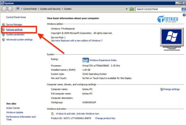 Truy cập Remote Desktop Settings