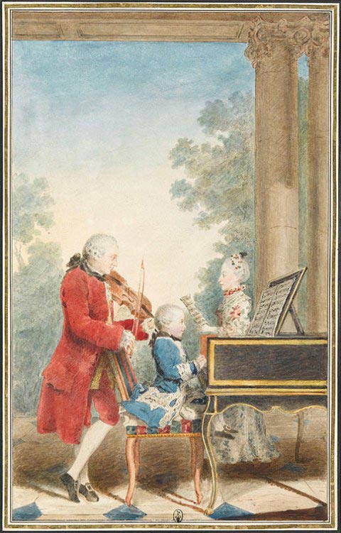 The Mozart family on tour: Leopold, Wolfgang, and Nannerl. Watercolor by Carmontelle, 1763 (public domain)