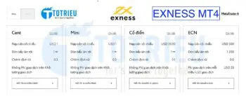 Các loại tài khoản MT4 Exness nổi bật là Classic và ECN