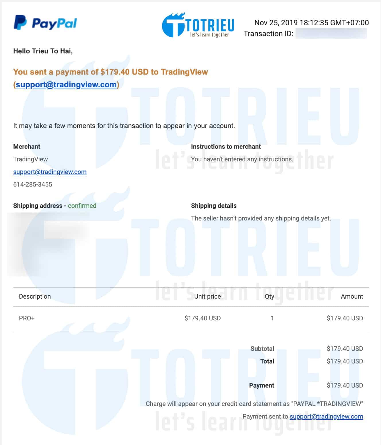 Hóa đơn thanh toán gói Pro+ của TradingView qua Paypal dịp Black Friday 2019