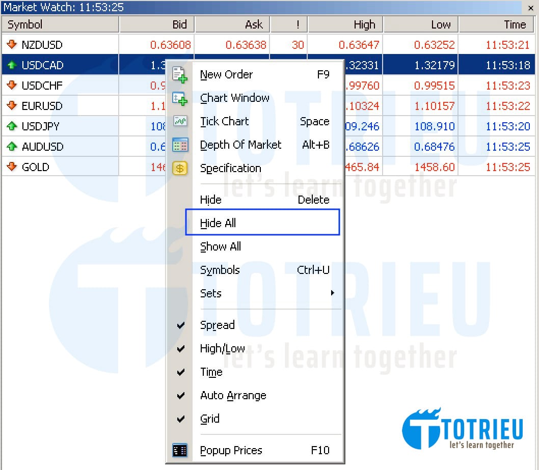 Ẩn toàn bộ các cặp tiền không sử dụng trong Market Watch của MT4, MT5