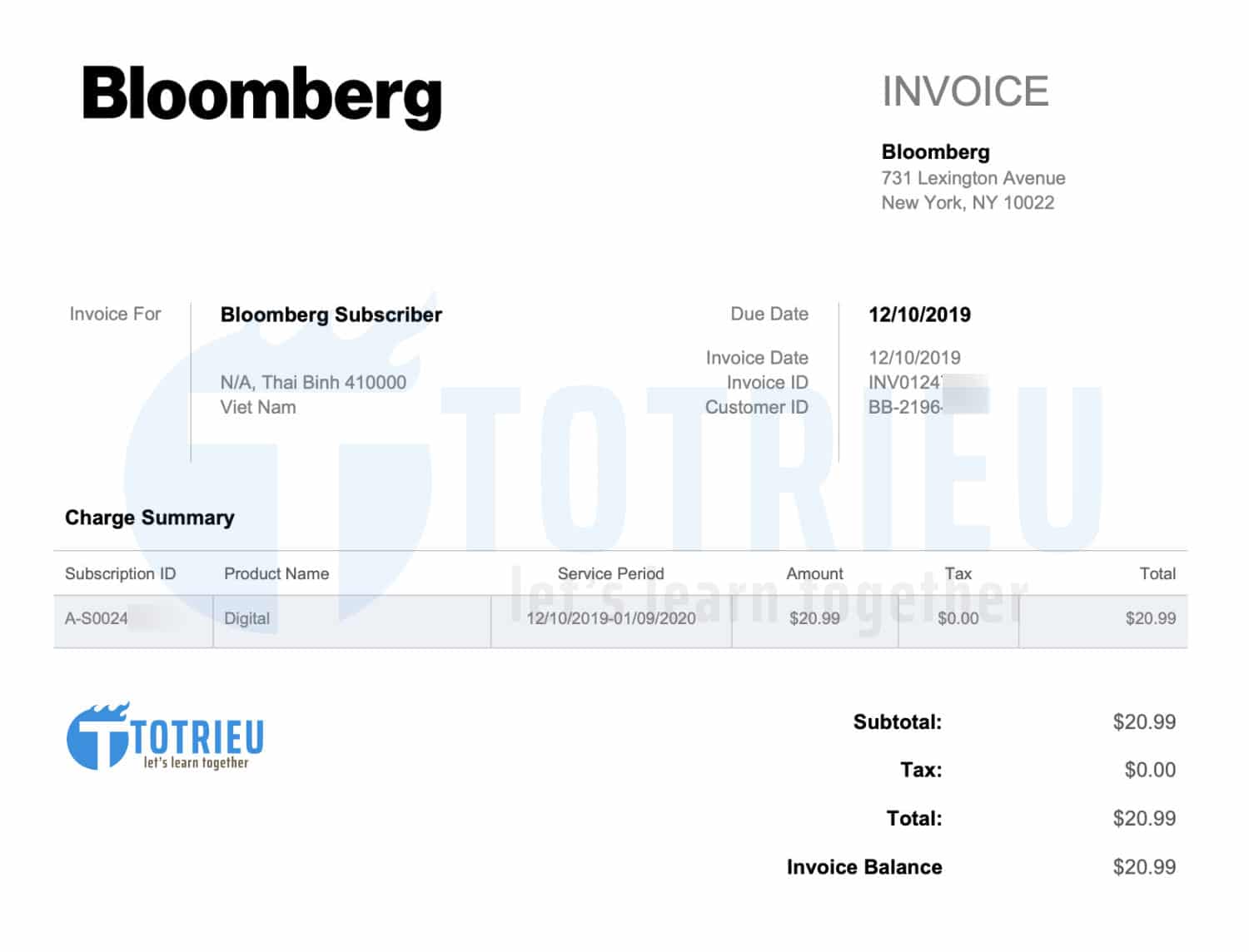 Hóa đơn từ khu vực Settings Bloomberg sau khi đăng ký