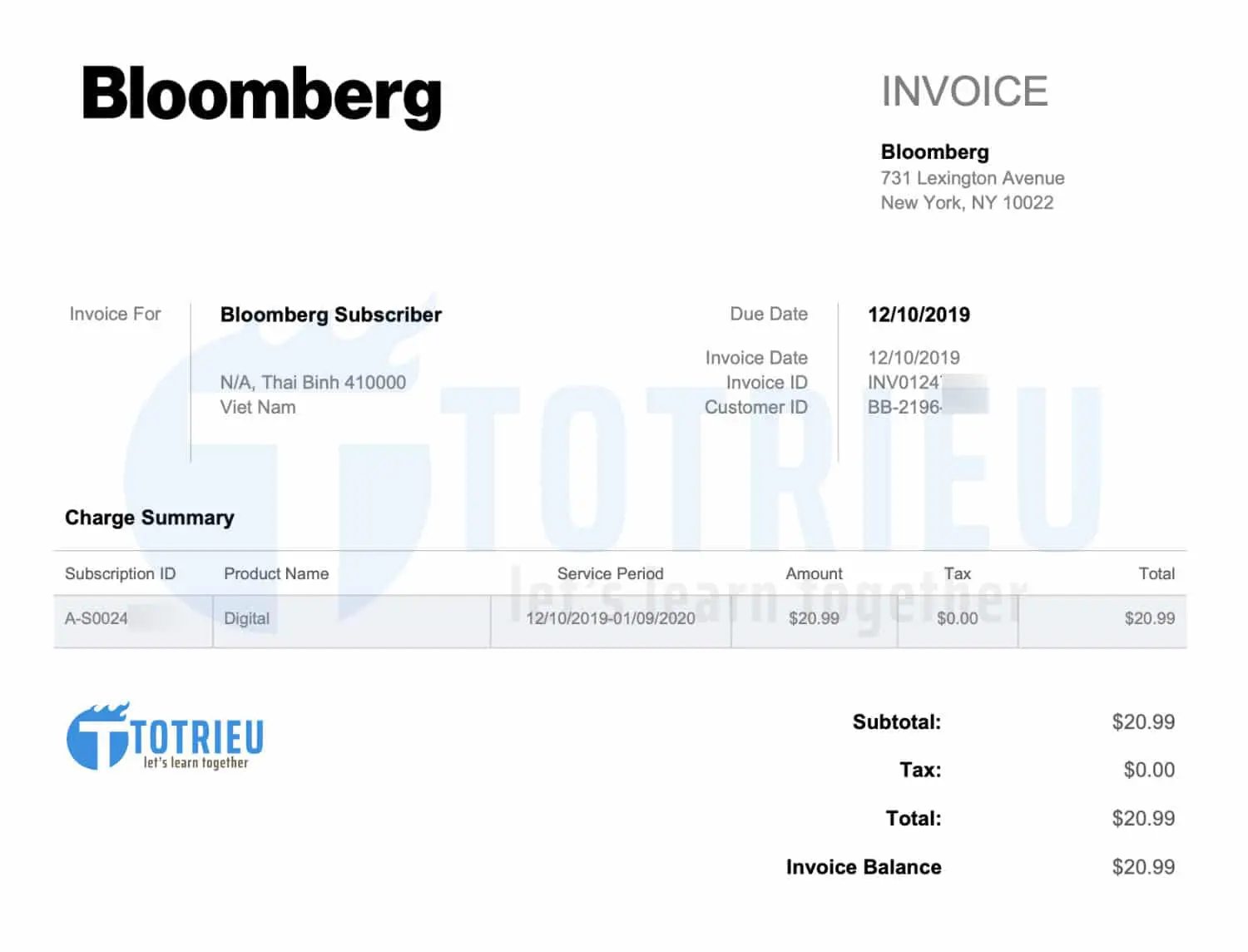 Hóa đơn từ khu vực Settings Bloomberg sau khi đăng ký