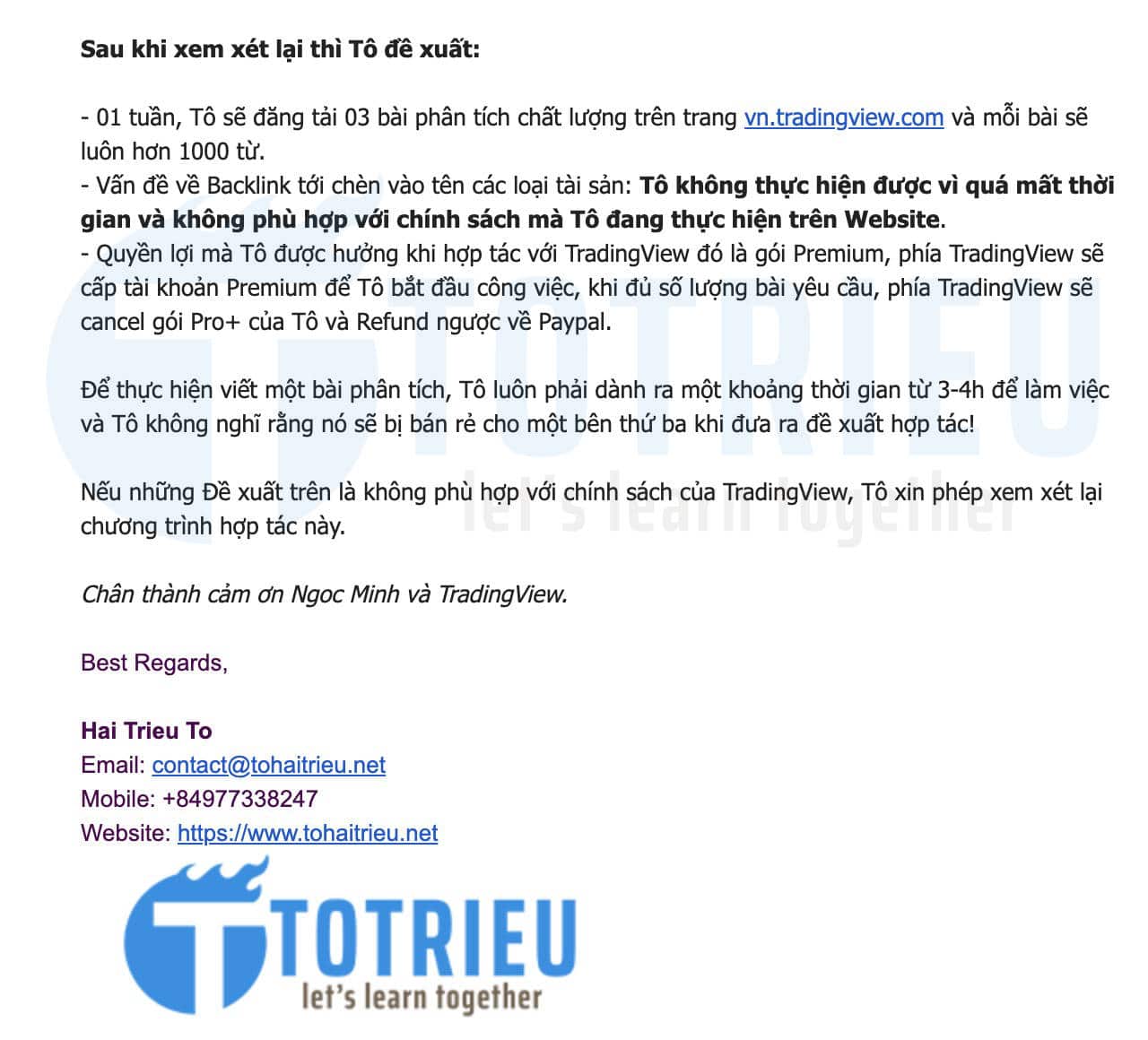 Thư Deal lại với TradingView của Tô Triều