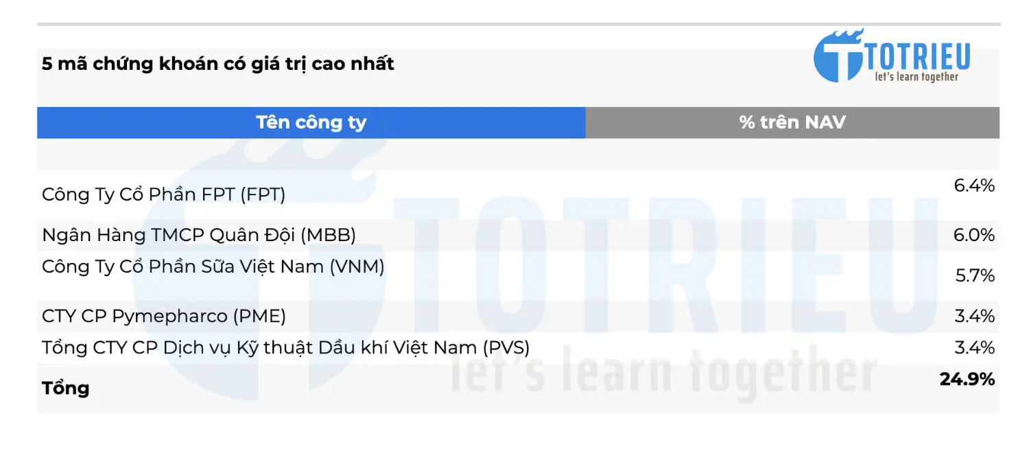 5 mã cổ phiếu chiếm tỷ trọng lớn trong danh mục đầu tư quỹ VCBF-BCF