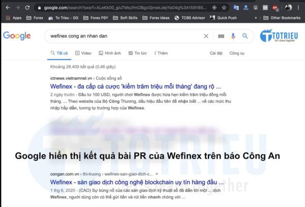 Google tiếng Việt hiển thị kết quả bài PR cho Wefinex của báo Công An điện tử