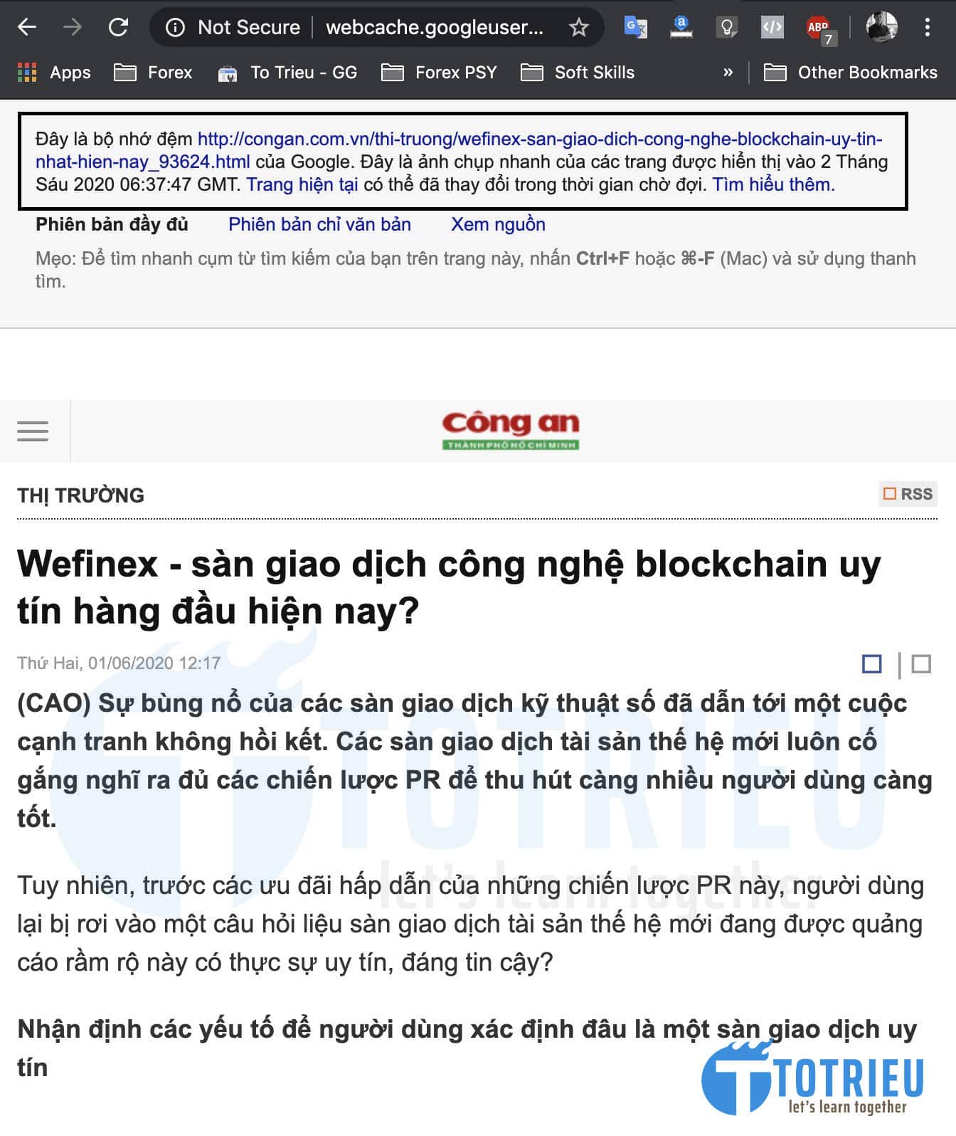 Nội dung bài PR Wefinex được Google Cache lưu trên báo Công An điện tử