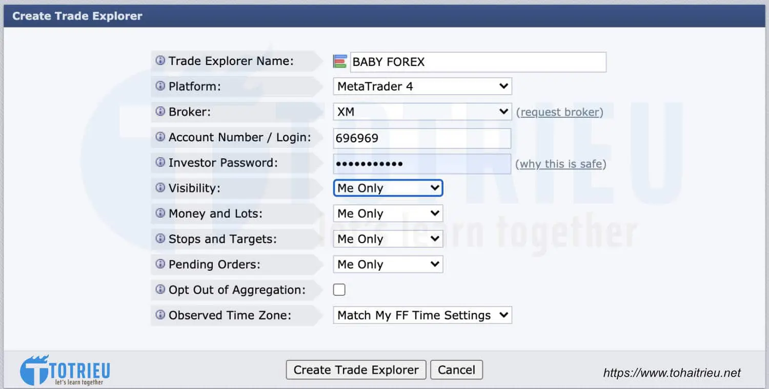 Form nhập thông tin tài khoản MetaTrader 4 để kết nối và quản lý trên Forex Factory
