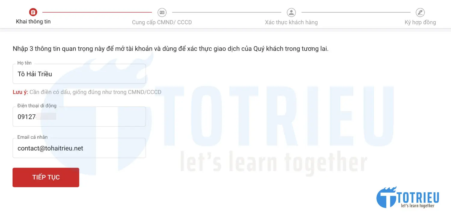 Nhập thông tin cá nhân để mở tài khoản đầu tư tại Techcombank Security