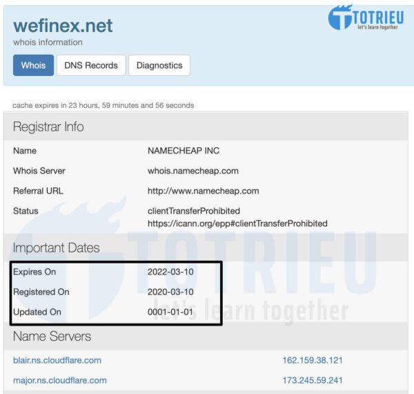 Thông tin tên miền Wefinex đăng ký tháng 03-2020