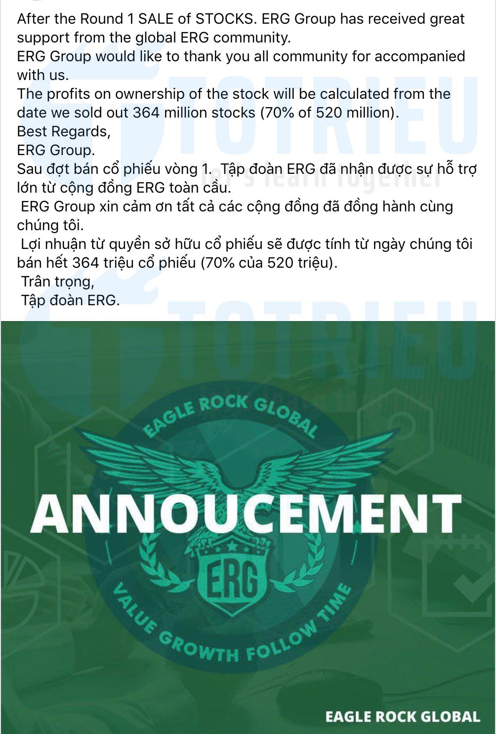 Eagle Rock Global - ERG thông báo phát hành cổ phiếu rác lừa đảo