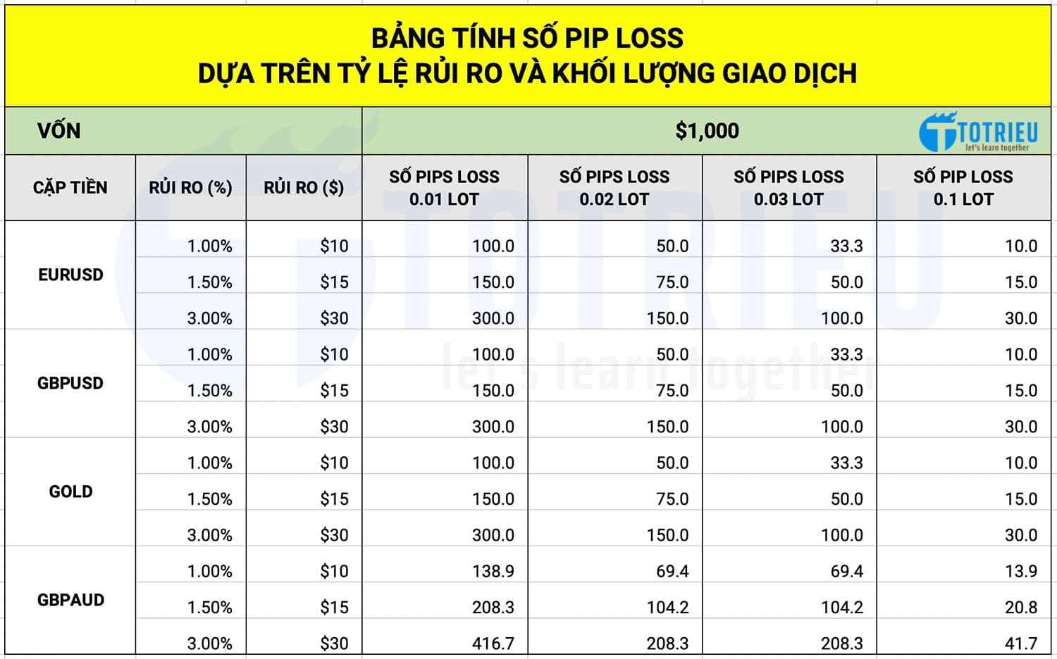 Bảng tính số Pip Loss