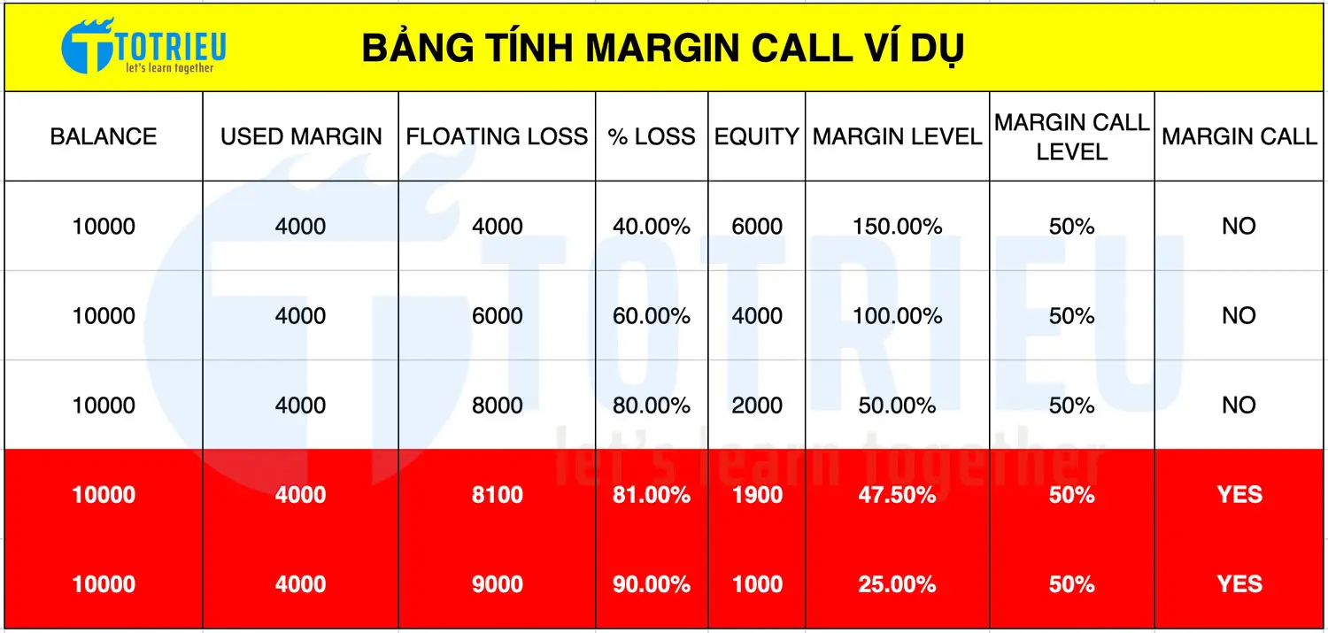 Bảng tính Margin Call ví dụ