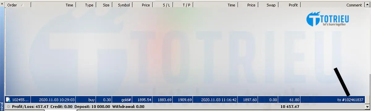 Thông tin khối lượng lệnh vừa đóng trên MetaTrader 4 từ lệnh tổng.