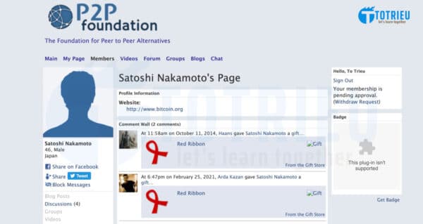 Trang cá nhân của Satoshi Nakamoto trên P2P Foundation