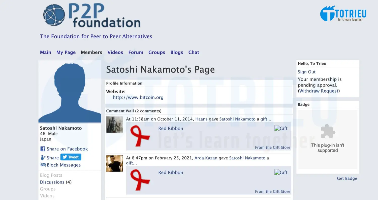 Trang cá nhân của Satoshi Nakamoto trên P2P Foundation