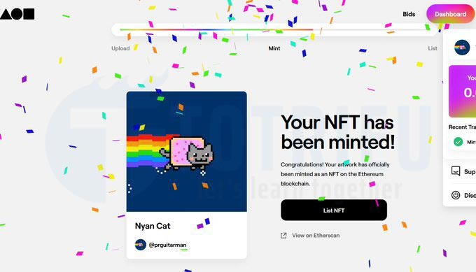 Ảnh chụp màn hình cho thấy NFT Nyan Cat đã được tạo