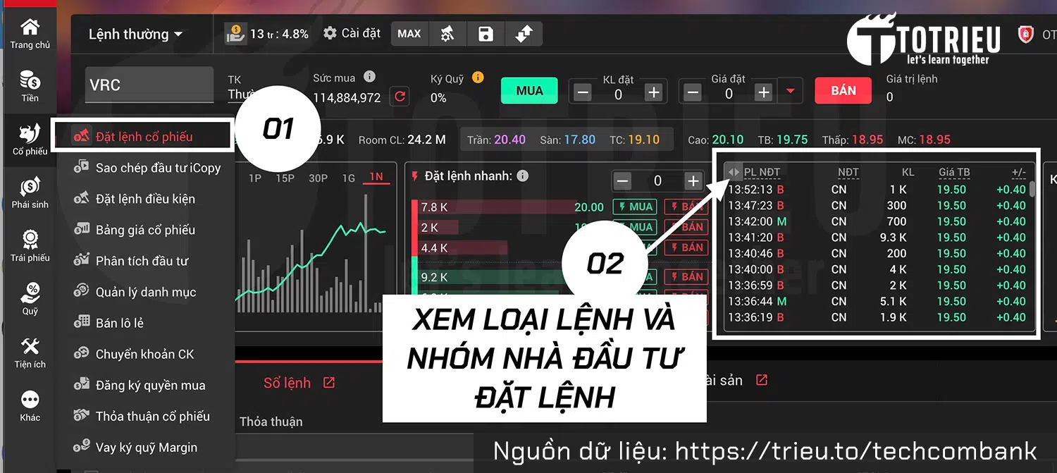 Xem loại lệnh và nhóm nhà đầu tư đặt lệnh chứng khoán