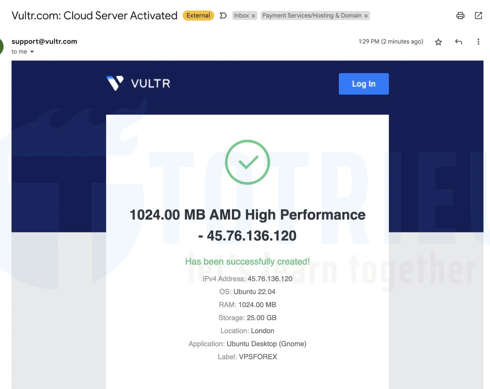 Email Vultr thông báo đã tạo VPS thành công