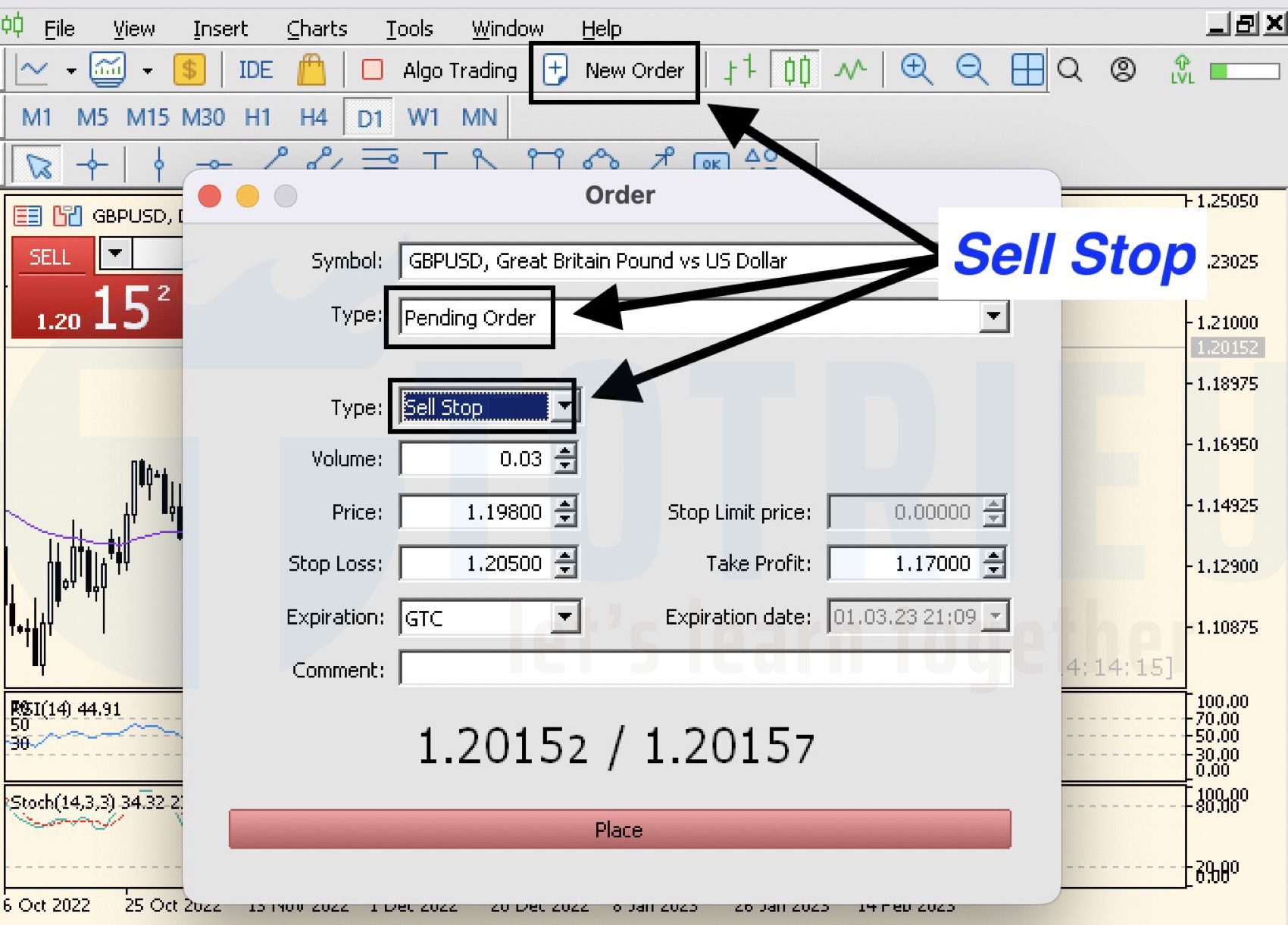 Cách đặt lệnh Sell Stop trên MT4, MT5