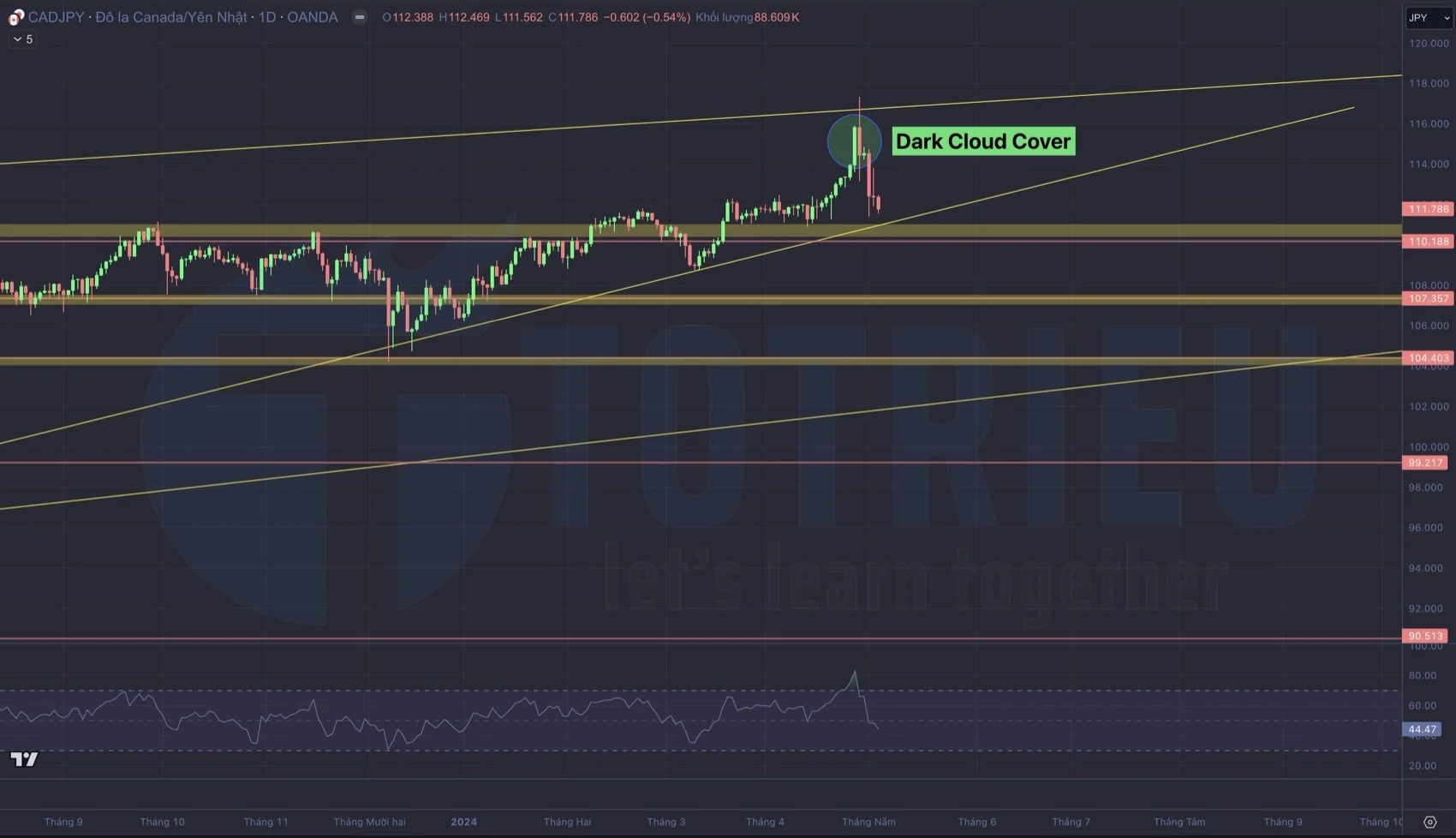 Mô hình Dark Cloud Cover được xác nhận trên khung ngày biểu đồ CAD/JPY tuần 19/2024