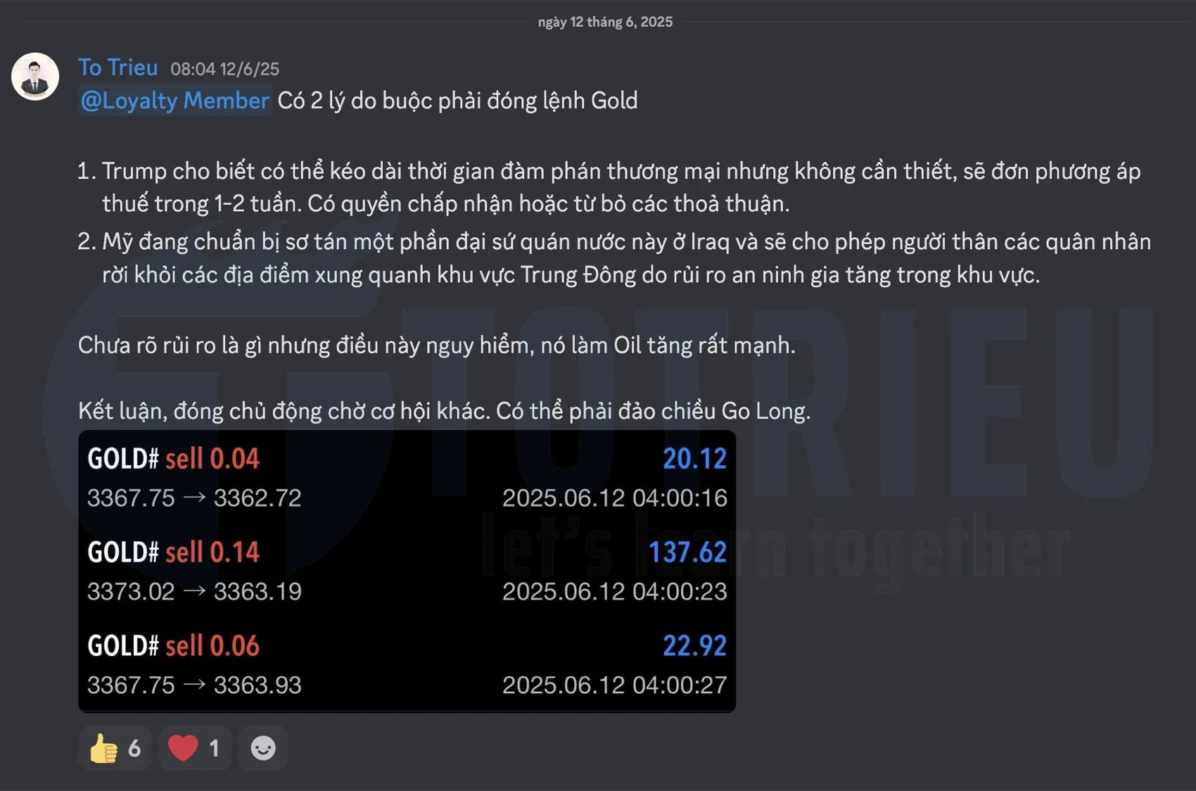 Thông báo đóng lệnh Short Gold ngày 12/06/2025
